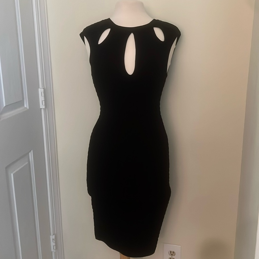 Never worn black Bebe dress with cut outs on front, zipper back.